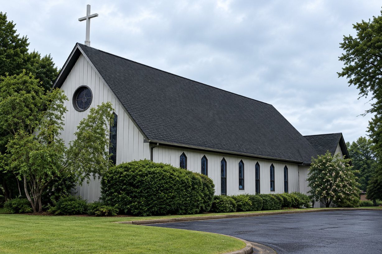 White clapboard church with a dark shingled roof