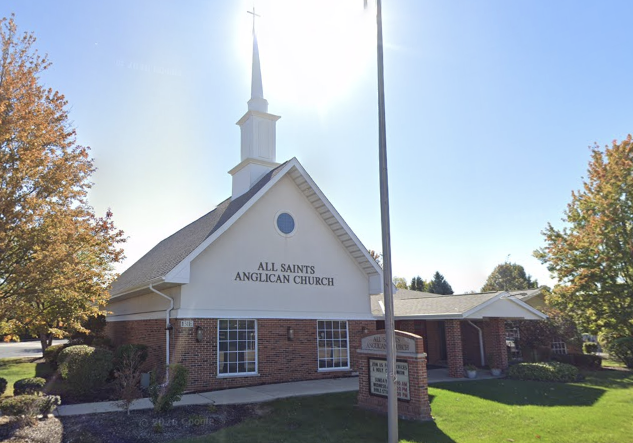All Saints Anglican Church with its white steeple in autumn